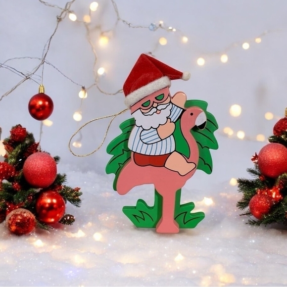 Rare Ornament Santa Claus Riding Pink Flamingo Green Palm Wooden Xmas Ornament - Picture 1 of 4